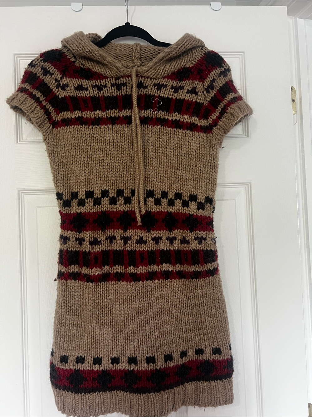 Chunky Hooded Knit Tunic Dress in Tan with Red & Black Accents